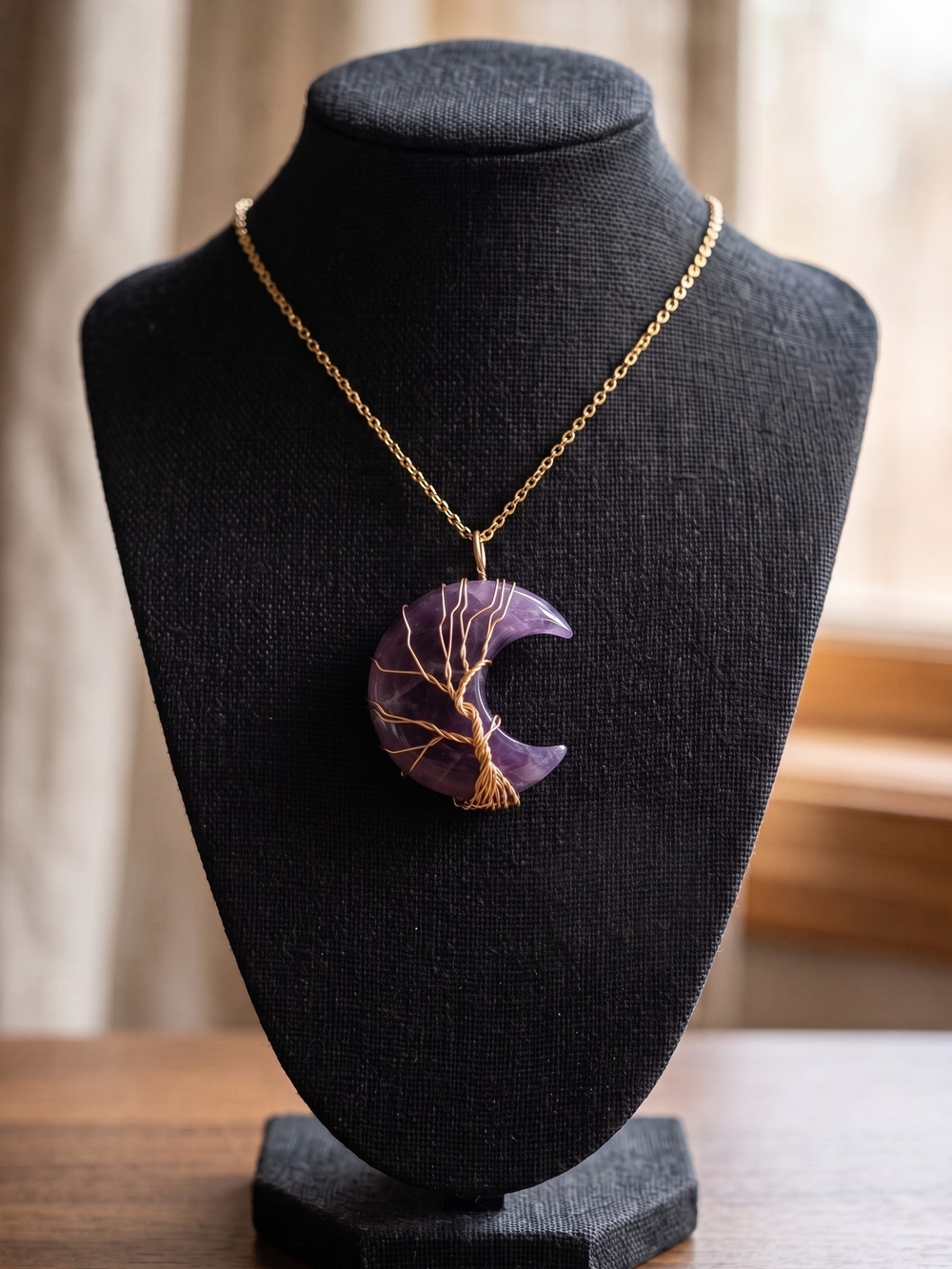 Gold Wire Tree of Life Crescent Necklace with Purple Stone